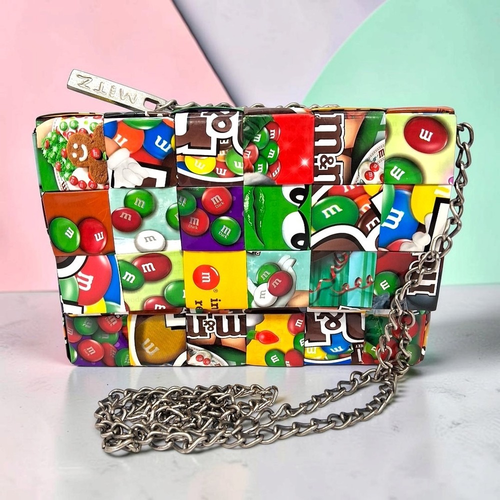 VTG M&Ms Recycled Candy Wrapper Crossbody Mitz Woven Chain Purse Holiday Upcycle